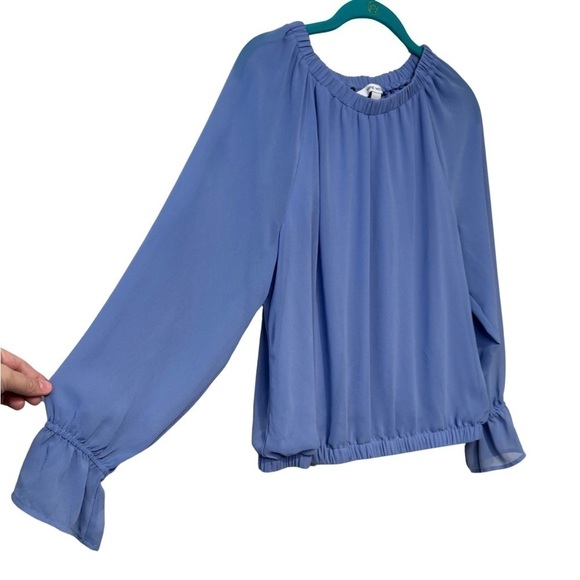 NINE WEST Blue Blouse with Chiffon Ruffle Sleeve and Elastic Waist Line Size L - Picture 8 of 15